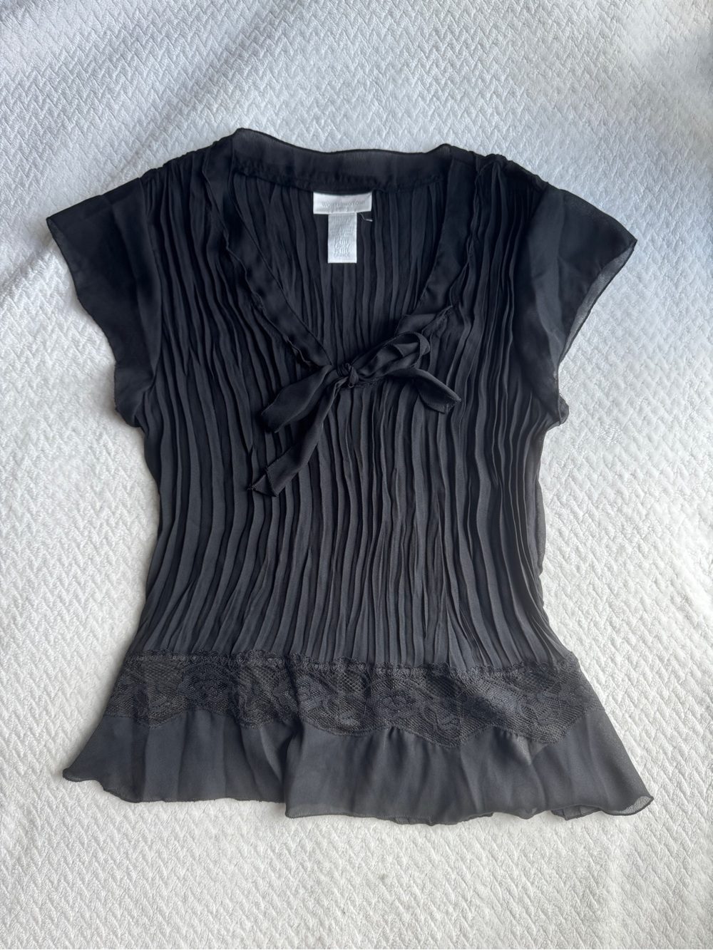 Worthington Black Pleated Tie-Front Blouse